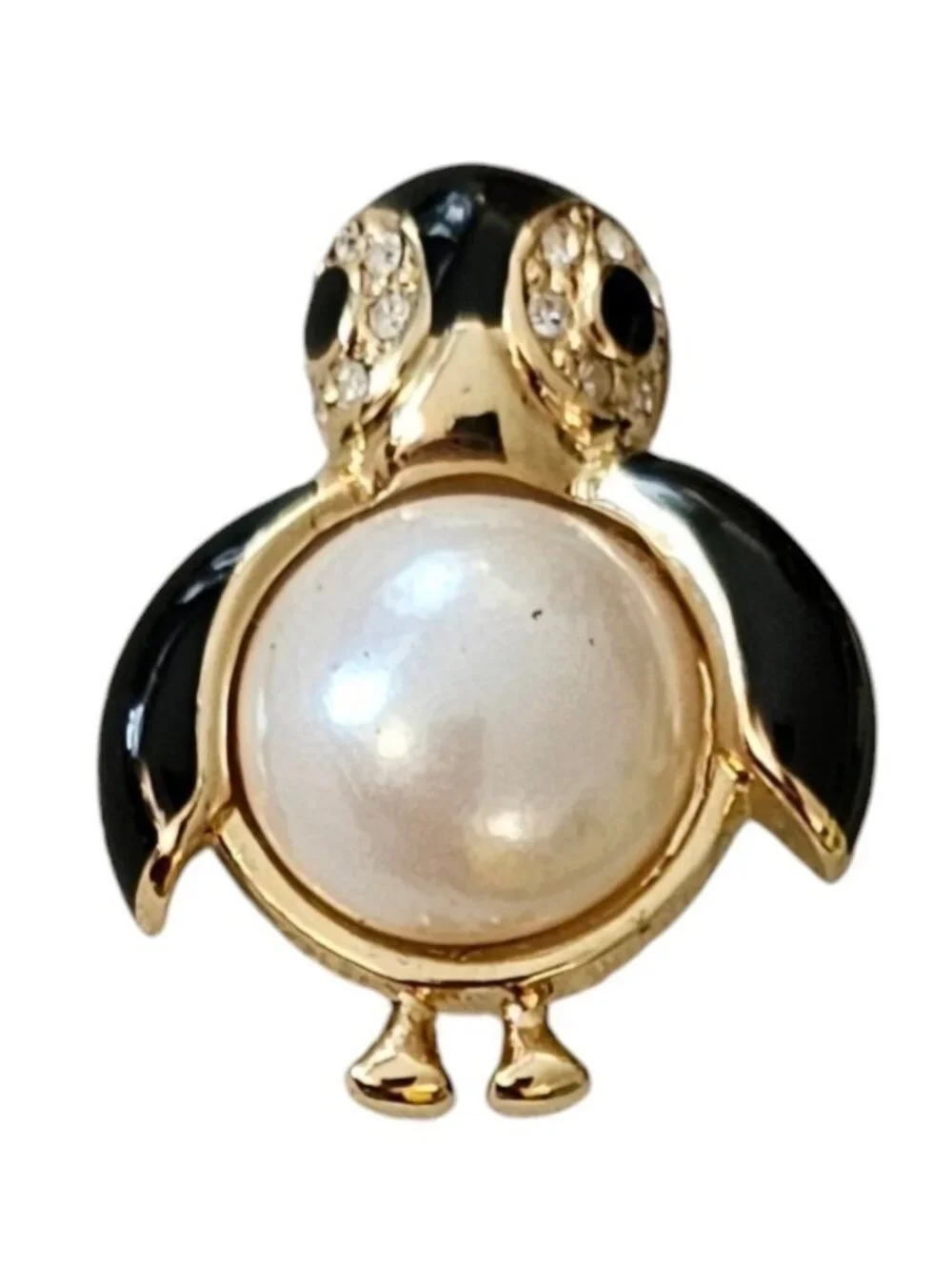 Marvella Penguin Pin Faux Pearl Clear Rhinestone Black Enamel Brooch Signed L643